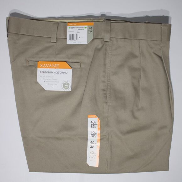 NWT Savane Pleated Performance Chino Elastic Comfort Waist Khaki Beige Men 40x32 - Picture 2 of 10